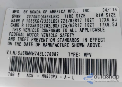 2014 Honda Cr-V Ex-L z USA, uszkodzony, nr VIN 5J6RM4H74EL076082